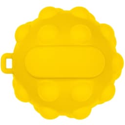 A vibrant yellow Popper Ball stress ball featuring a textured surface and a loop for easy handling.