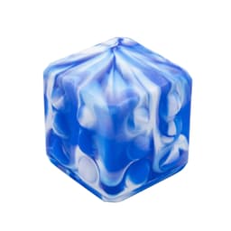 A blue and white marble-patterned hexagonal cube toy, featuring a smooth surface and rounded edges.
