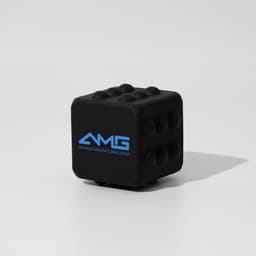 A black silicone cube with raised dots and a logo in blue.