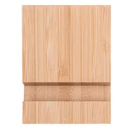 A bamboo phone holder in a natural finish, featuring a simple, minimalist design. It has a slot for device support.