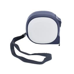A navy blue tape measure with a strap, featuring a smooth, rounded design and a white measuring tape.