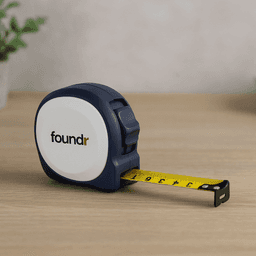 A navy tape measure with a white casing and yellow measurement tape extended, featuring a logo.