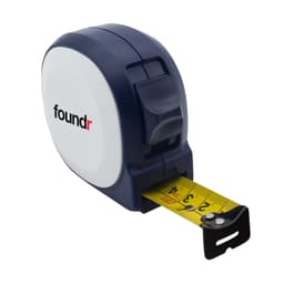 A navy and white tape measure with a yellow measuring tape, featuring a logo on the casing.