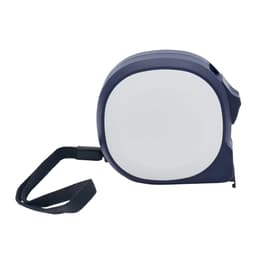 A navy blue tape measure with a strap, featuring a smooth, rounded design and a branding logo.