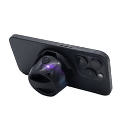 A speaker in black, designed to attach to a smartphone, featuring a rounded shape and a logo on the side.