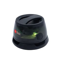 A black speaker with a transparent top and a glowing light, featuring a logo on the side.
