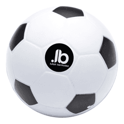 A stress ball shaped like a classic soccer ball, featuring black and white panels and a small logo.