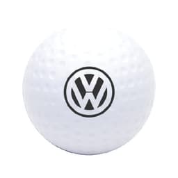 A white stress ball in the shape of a golf ball, featuring a black logo in the centre.