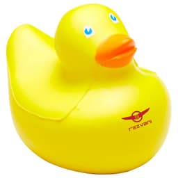A bright yellow rubber duck with an orange beak and a logo on the side, designed as a stress-relief toy.