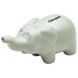 A light grey squeeze toy elephant with a surprised expression and a small trunk. It features a logo on its surface.