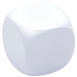 A white, squishy cube with rounded edges, featuring a logo. Ideal for stress relief and fun.