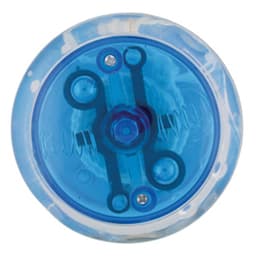A blue LED light-up yo-yo with a translucent outer casing and visible internal mechanism.