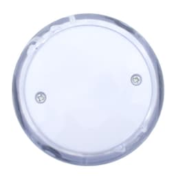 A clear LED light-up yo-yo with a smooth surface and visible internal mechanism. It features a small logo.