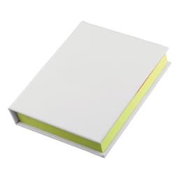 A white adhesive note book featuring bright yellow sticky notes, displayed at an angle. Contains a branding logo.