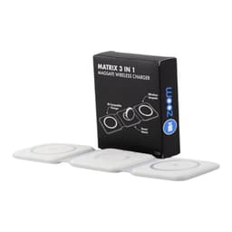 A white Matrix 3-in-1 MagSafe wireless charger with three charging pads and a box featuring a logo.