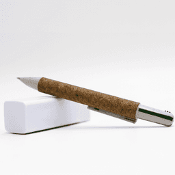 A cork pen with a metallic tip, resting on a white eraser. The pen has a natural brown cork casing.