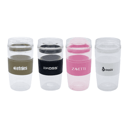 Four reusable coffee cups in various colours, featuring black, pink, green, and clear designs, each with a logo.