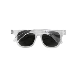Clear-frame sunglasses with dark lenses and a modern design, featuring a logo on the side.