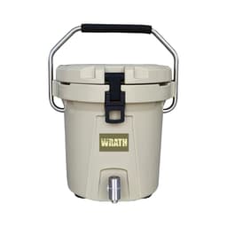 A beige ice bucket with a stainless steel faucet and a sturdy handle, featuring a logo on the front.