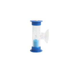 A blue sand timer with a clear hourglass design, featuring sand that flows for three minutes.