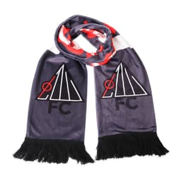 A velvet scarf in silver and red, featuring a logo and fringed ends. Ideal for adding style to outfits.