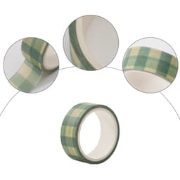 A roll of washi tape featuring a green and yellow checkered pattern. The tape has a white backing and a circular core.