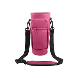 A drink bottle carrier bag in pink with a phone pocket and adjustable black straps. Features a logo on the side.