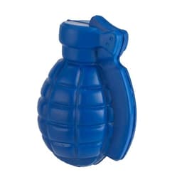 A blue grenade-shaped stress reliever with a textured surface and a pull pin design, featuring a logo.