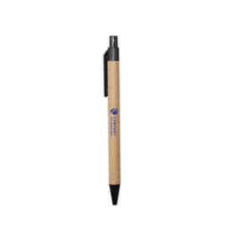 A Kraft paper pen with a black plastic tip and clip, featuring an printed logo.