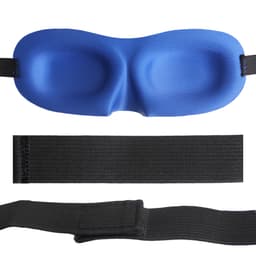 A blue cushioned eye mask with a black adjustable strap. Features a smooth, contoured design for comfort.