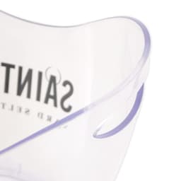 A clear ice bucket with curved edges and a handle, featuring a logo.