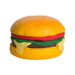 A hamburger-shaped stress reliever in yellow, red, green, and black, featuring a smooth texture and rounded form.