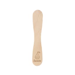 A wooden ice cream spoon stick in natural wood colour, featuring an engraved design and logo.