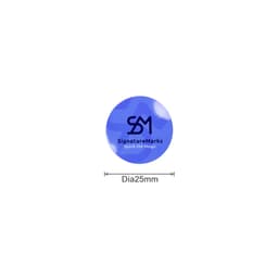 A round blue sticker with a logo and text, measuring 25mm in diameter.