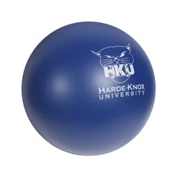 A blue stress ball in the shape of a baseball, featuring a logo.
