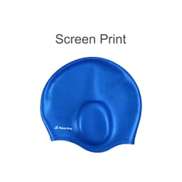 A blue swimming cap featuring built-in earmuffs and a logo. The cap has a streamlined shape for comfort.