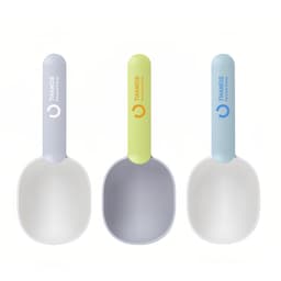 Three 2 in 1 pet food scoops in pale grey, lime green, and light blue, each with a logo on the handle.