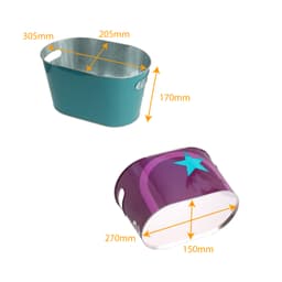 An oval ice bucket in teal and purple with a star design, featuring metal handles and measurements indicated.