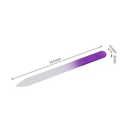 A crystal glass nail file with a purple handle, measuring 141mm in length and 11mm in width.