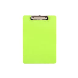 A vibrant green clipboard with a silver metal clip at the top. Ideal for various office tasks.