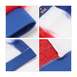 A headband wig featuring blue, red, and white sections, with a soft texture and a small logo.