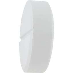 A round white tablet-shaped stress reliever with a smooth surface and a central groove.