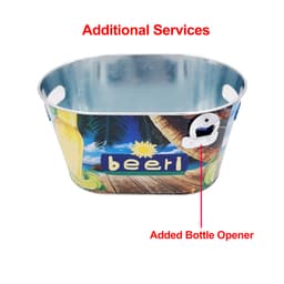 An oval ice bucket in metallic finish featuring a beach theme, with a bottle opener attachment.