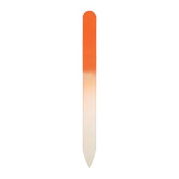 A gradient glass nail file featuring a smooth transition from orange to white. It has a sleek design and a pointed tip.