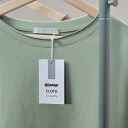 A light green t-shirt hangs on a display, featuring a swing tag with a logo and a label marked "CLOTH."