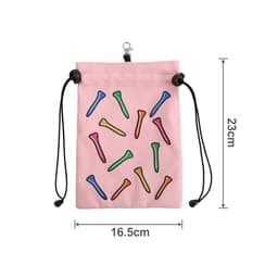 A pink pouch with a drawstring closure and colourful golf tees printed on the front. It has a clip for attachment.
