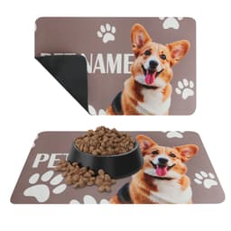 A pet feeding mat featuring a brown background with a corgi's face and paw print designs. It has a logo.