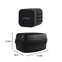 A black travel adapter with multiple prongs and a matching black storage case, featuring a logo.