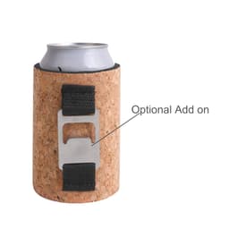 A drink bottle holder made of cork with a black strap and a silver bottle opener attachment.