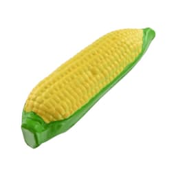 A yellow corn-shaped stress reliever with green accents, featuring a textured surface to resemble corn kernels.